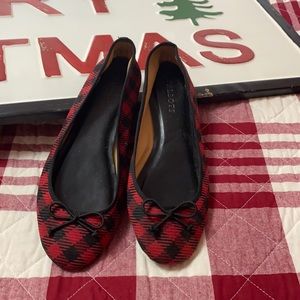 Red and black buffalo check ballet flats